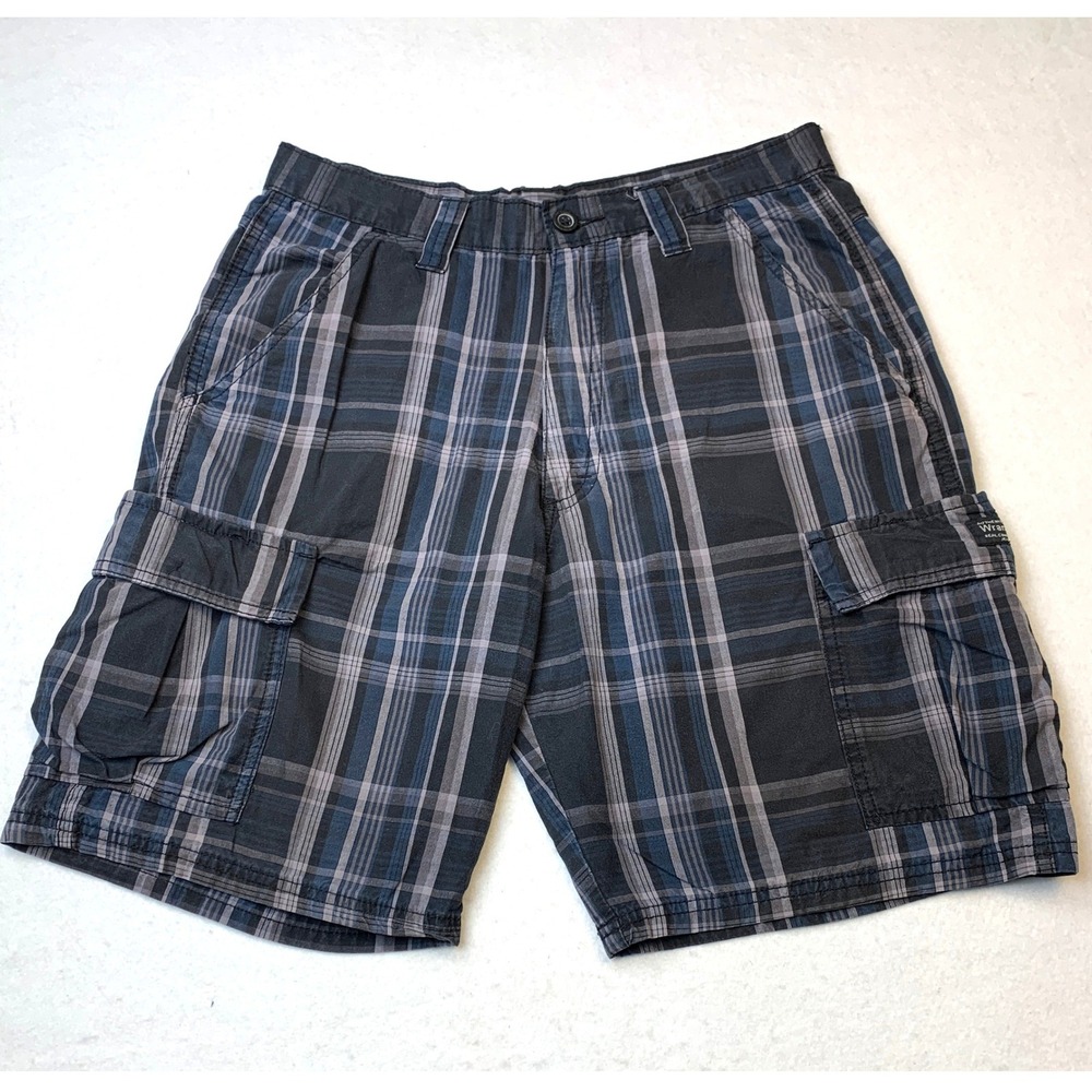 Wrangler Authentic Issue Mens Plaid Cargo Shorts Blue Grey Size 30 60CM02E